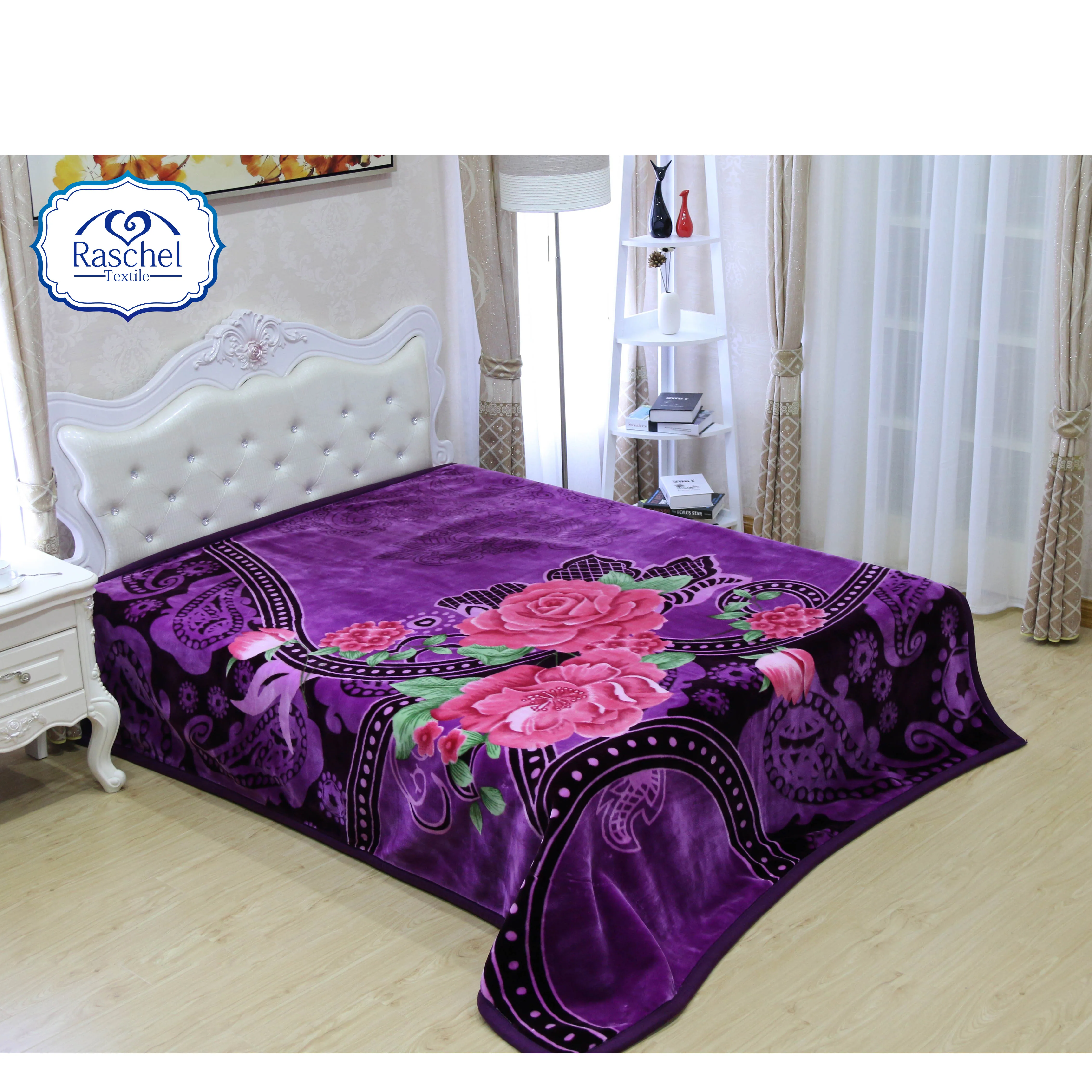100% polyester wholesale Flower design embossed one ply raschel mink blankets