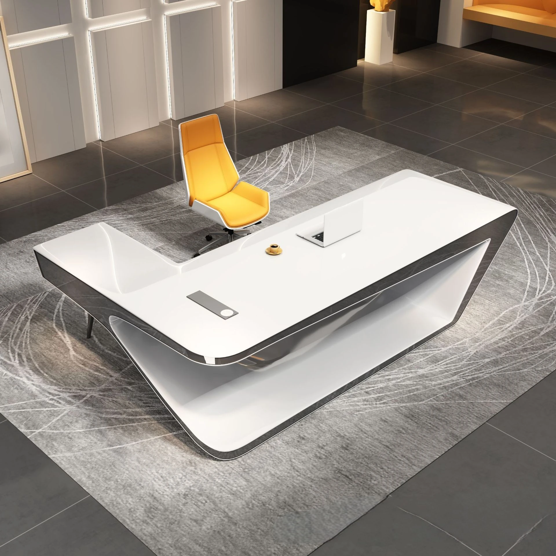 Глянцевый изогнутый офисный стол из МДФ роскошный дизайн Индивидуальный размер Белый для руководителей