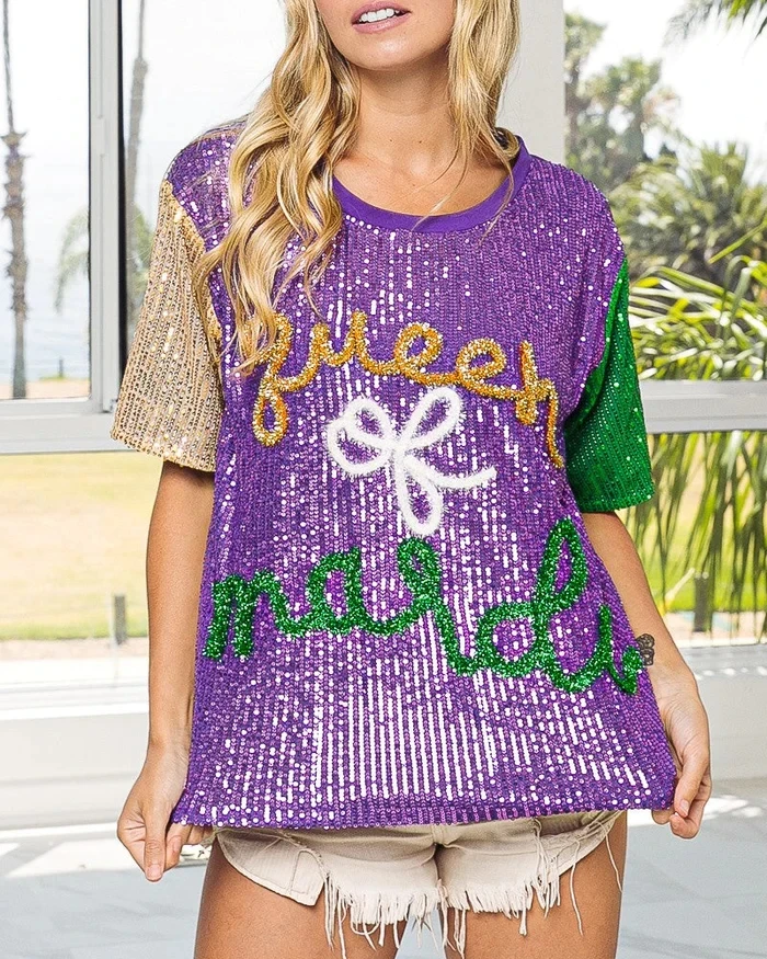 Splicing Color Block Sequin Mardi Gras Embossed Oversize Woman Carnival Tee Shirts