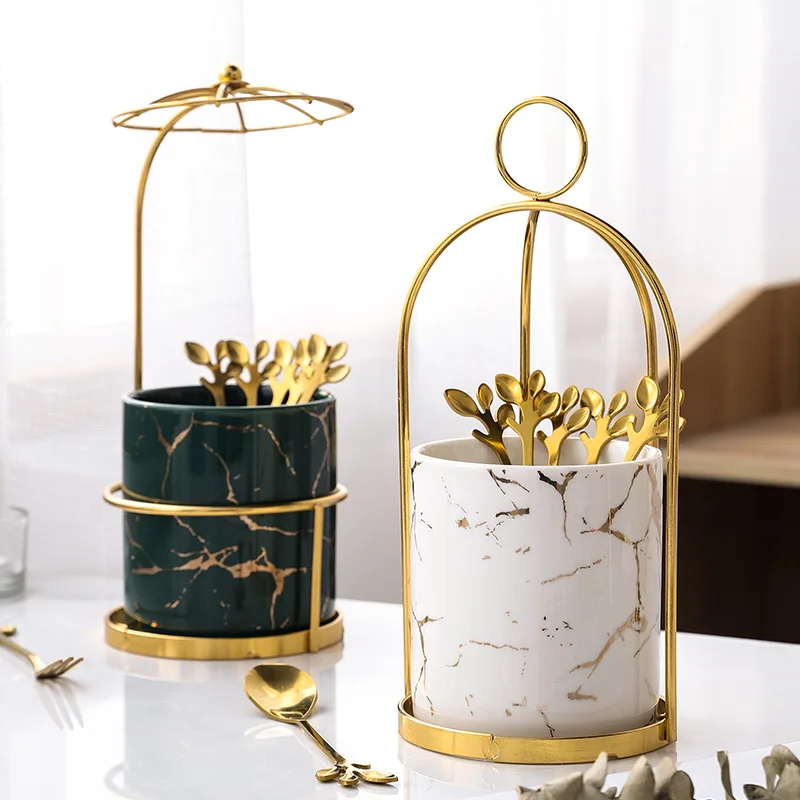 Unique Design Stainless Steel Cutlery Tea Spoon Set Marble Ceramic Handle Golden Dessert with Holder