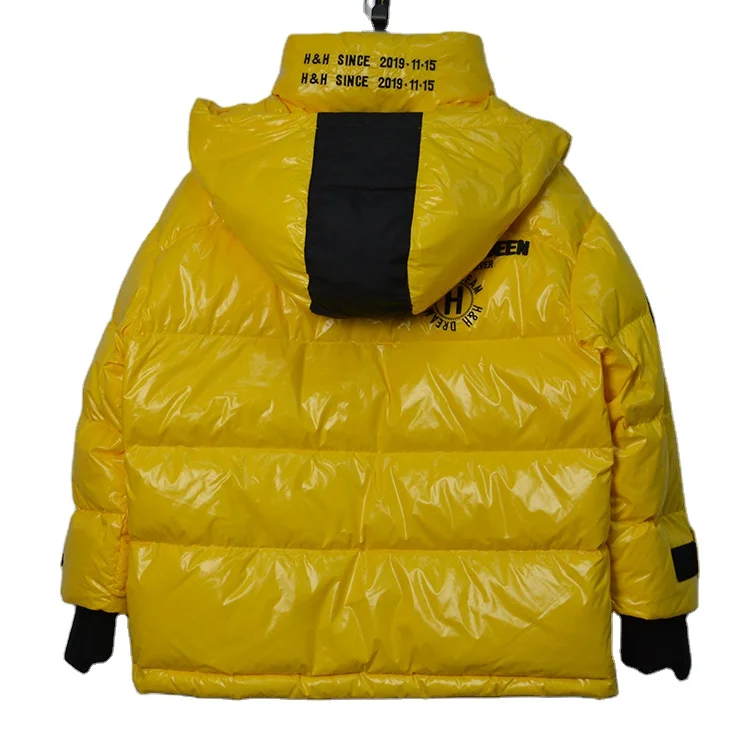 Yellow shiny waterproof puffer winter duck down jacket 3D embroidery bubble down coat women