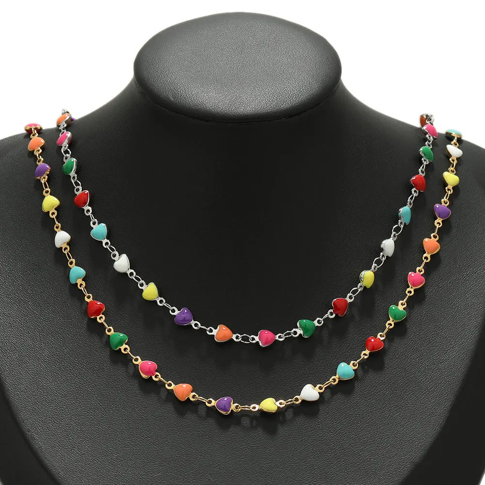 New Stainless Steel Non Tarnish Color Enamel Heart Drop Oil Both Side Chain for DIY Jewelry Necklace Bracelet Accessories