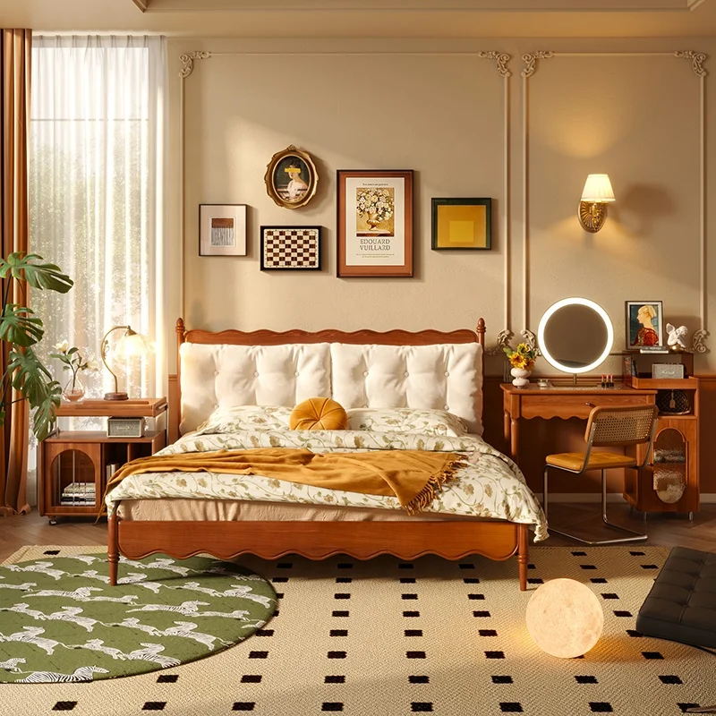 Vintage Telescopic Vanity Table Glass Top Smart LED Mirror Bedroom Dresser Solid Wood Makeup Dressing Table