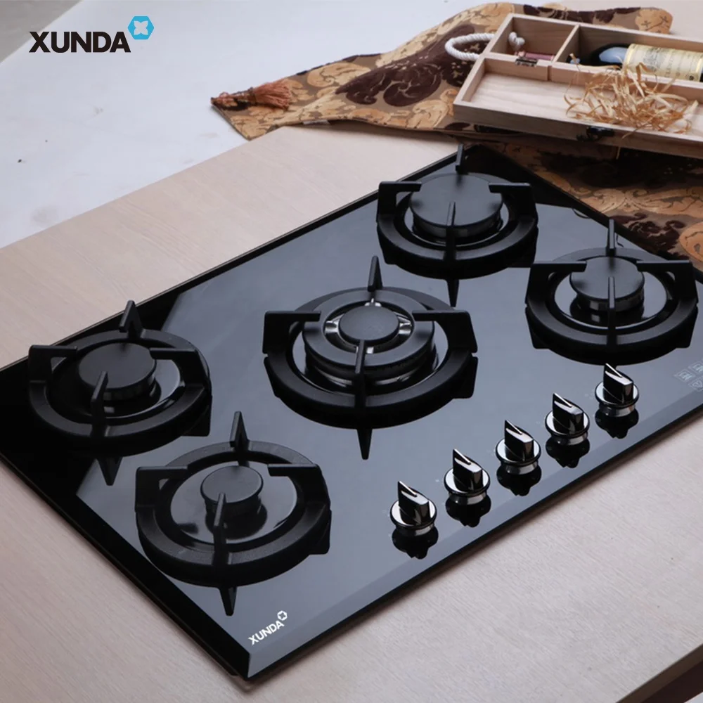 Xunda All Black Tempered Glass 5 Burners Gas Cooktops Built-In Gas Stove Glass Top Hob