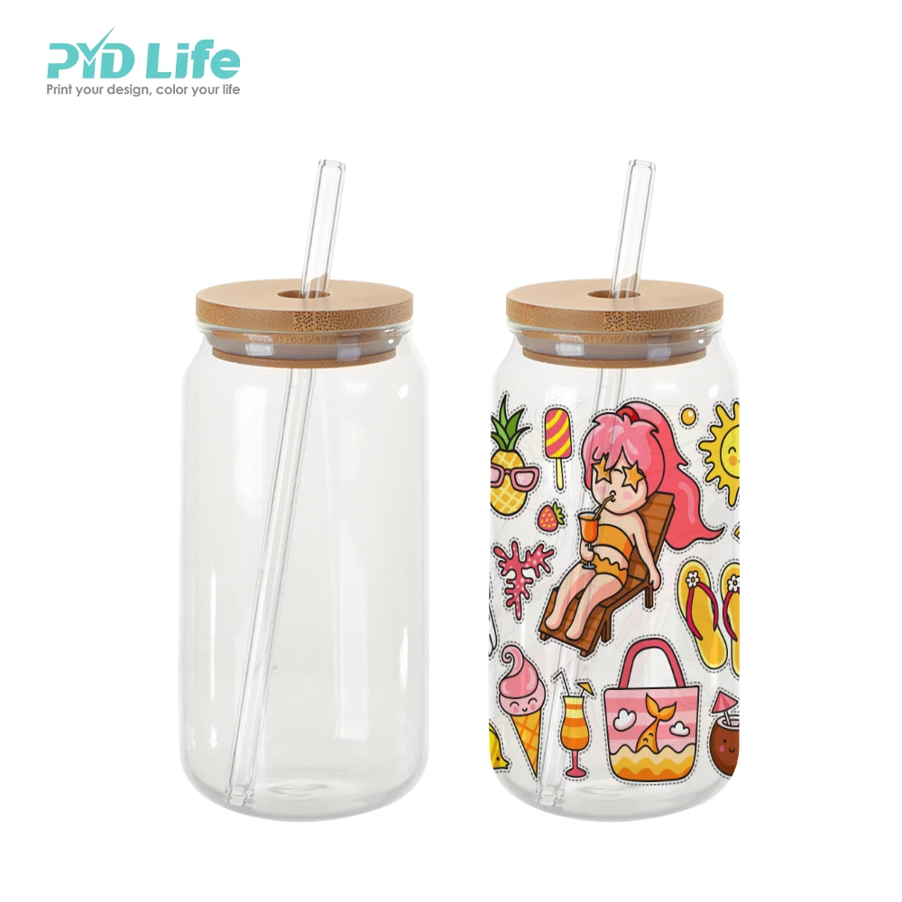 PYD Life 2022 18oz 550ml Custom Glass Sublimation Beer Soda Can Clear Glass Can Tumbler Cups with Bamboo Lid and Glass Straw