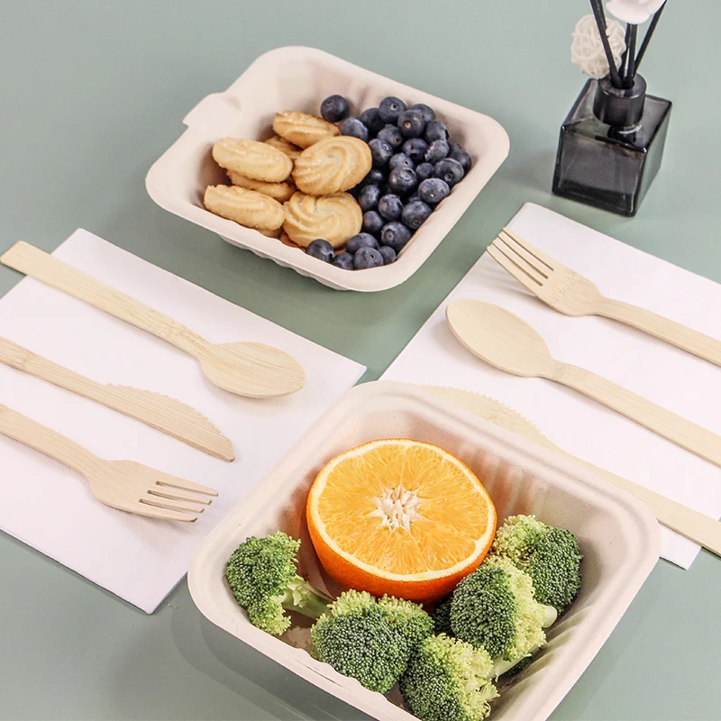 Picnic use 100 pcs pack eco friendly 100% disposable bamboo cutlery with custom box