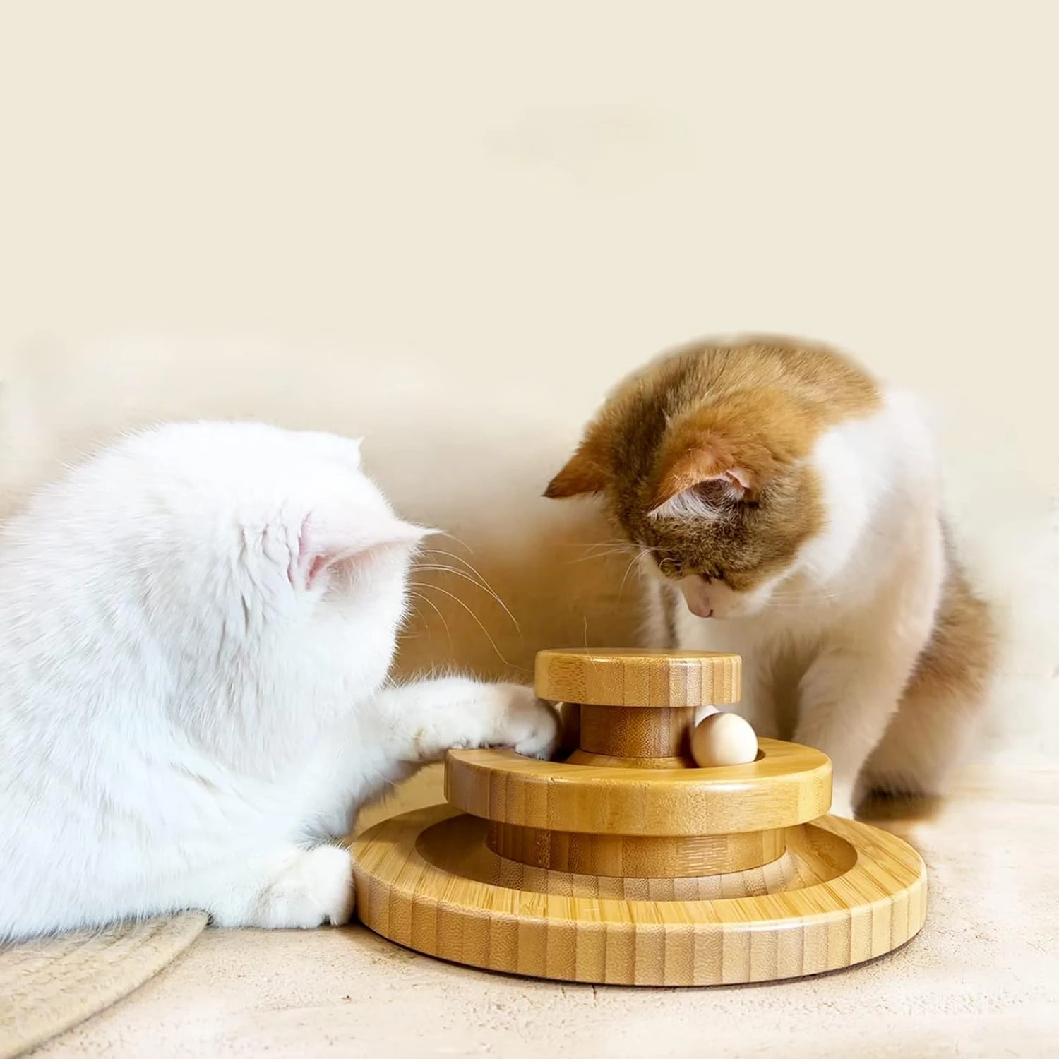 HS Natural Sustainable Wooden Pet Interactive Toy Cat Tunnel Tower Toys Three-layer Cat Turntable With Wooden Balls