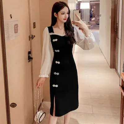 
2020 autumn new cheongsam skirt temperament sexy slim waist small black dress improved bodycon dress casual dresses 