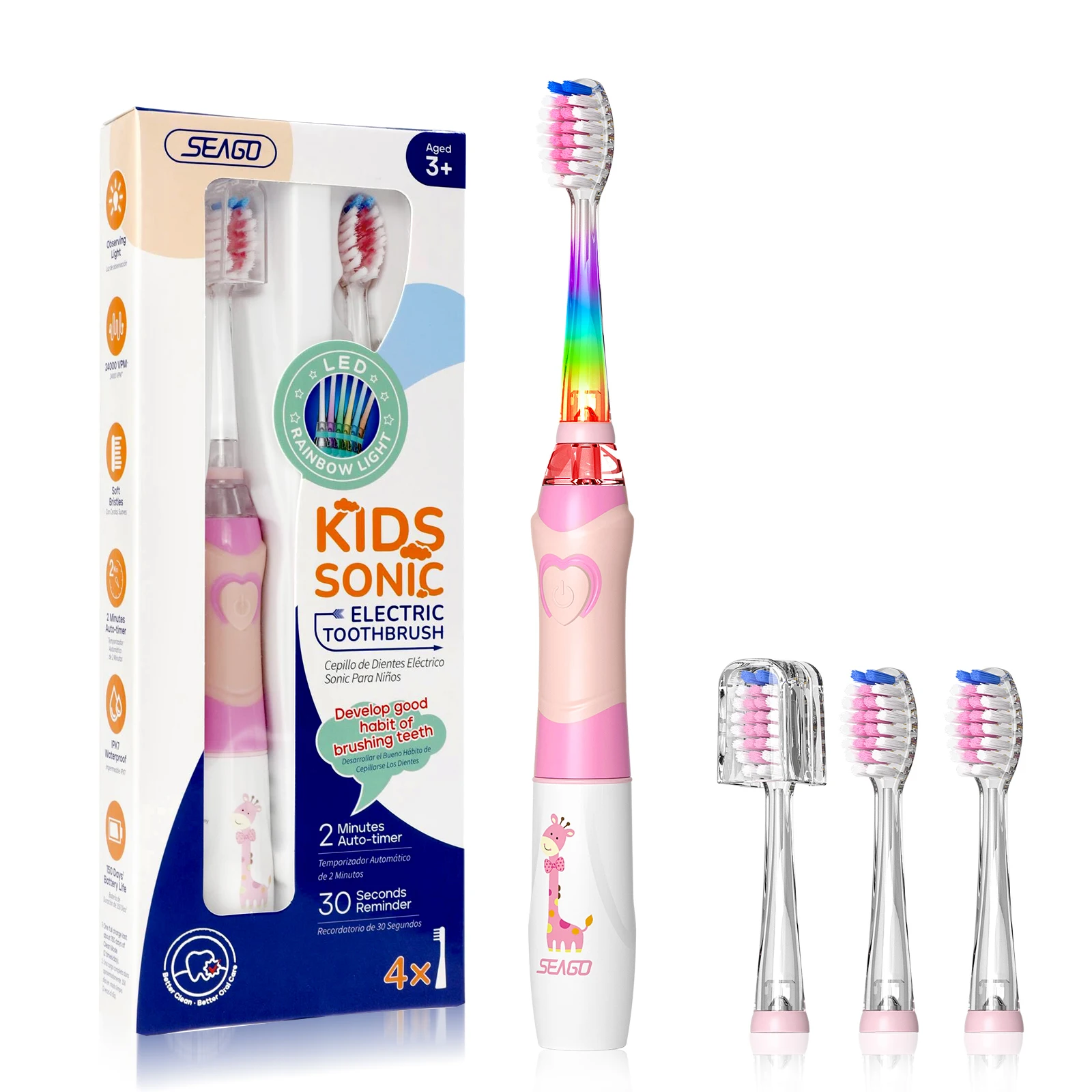 SEAGO Wholesale SG977 LED Light Waterproof Battery Powered Carton Cute Children Kids Child Sonic Oscillating Electric Toothbrush