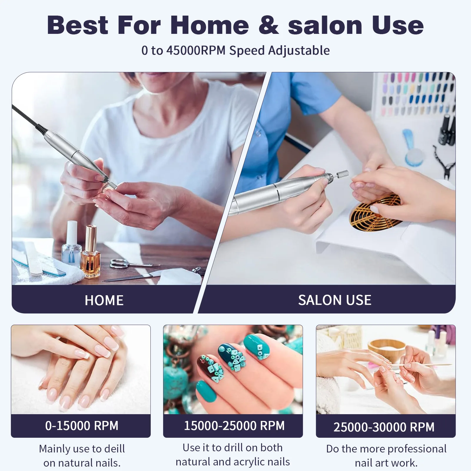 45000RPM Nail Drill Machine Electric Portable Nail File Rechargeable Sander for Gel Nails Polishing For Home Manicure Salon