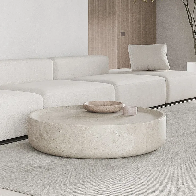 HZX Natural Polished Travertine Round Coffee Table Limestone Stone Top with Cement Side for Villa for Living Room Use