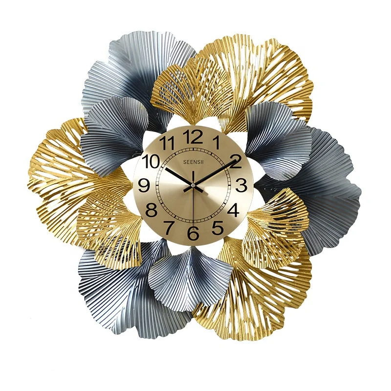 3D Handmade 80cm Metal Ginkgo Luxury Wall Clock for Home Decoration Reloj De Pared