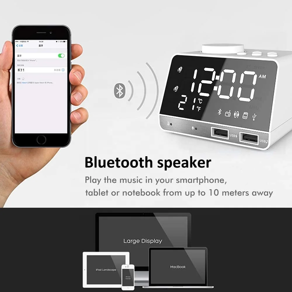 Dual Alarm Clock with Blue tooth Speaker White Noise Machine Sleep Sound Machine with FM Radio Dual USB Charging Ports Snooze