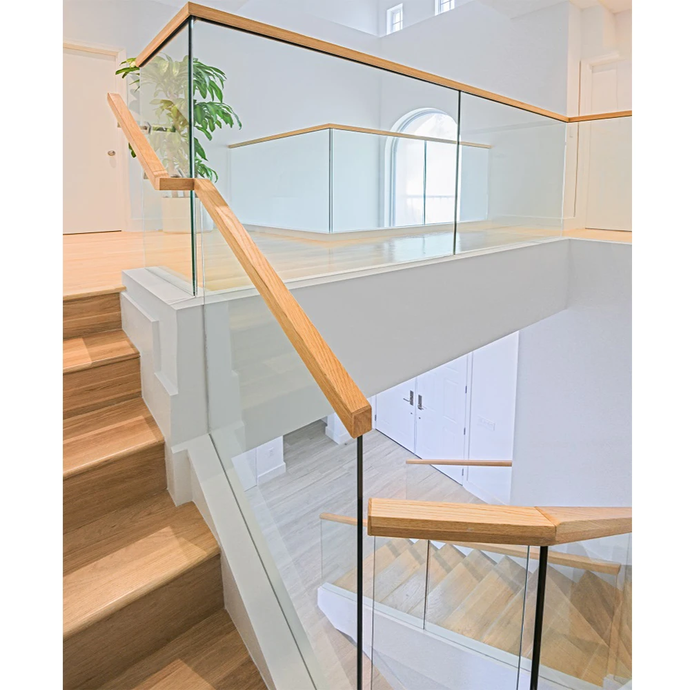 Interior balcony handrail designs U shape extruded glass fence aluminum glass channel railing with wood handrail