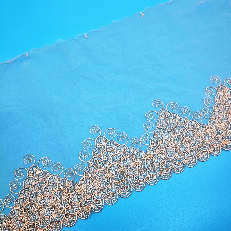 Colorful embroidery lace trimmings handmade dress placed wedding fabric