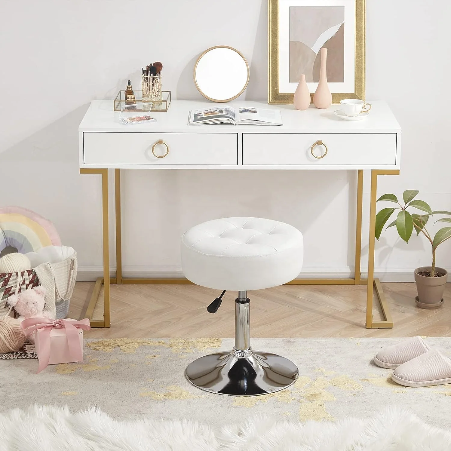 Round Ottoman Tufted PU Leather Vanity Chair Custom 360 Swivel Vanity Stool Modern White Vanity Chair For Powder Room