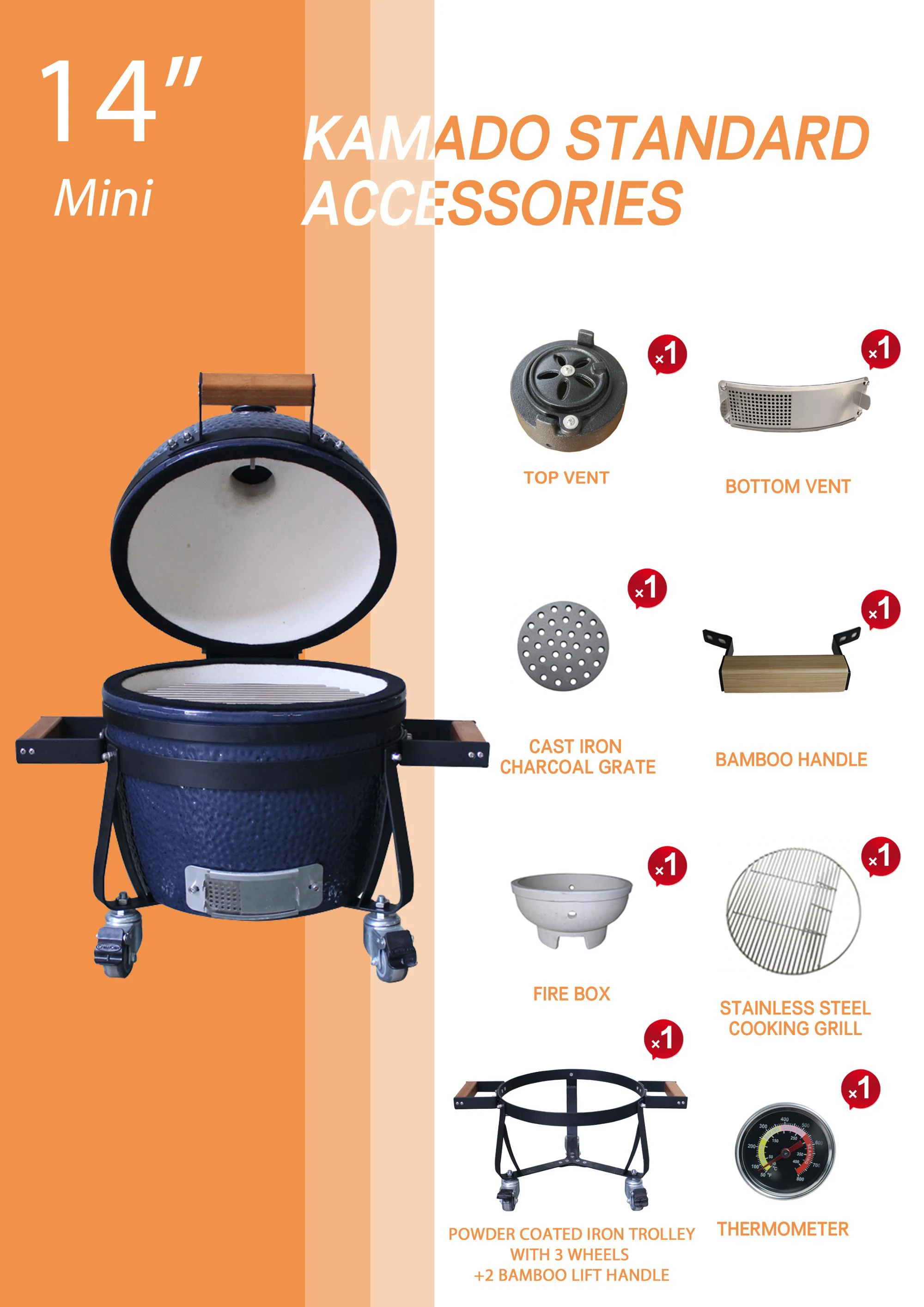 Auplex 14-inch table BBQ Kamado Ceramic bbq Charcoal Grill for outdoor or indoor barbecue