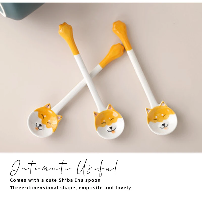 High Quality Custom 420ml Cute Cartoon Office Ceramic Coffee Shiba Inu Mug With Lid And Spoon Gift
