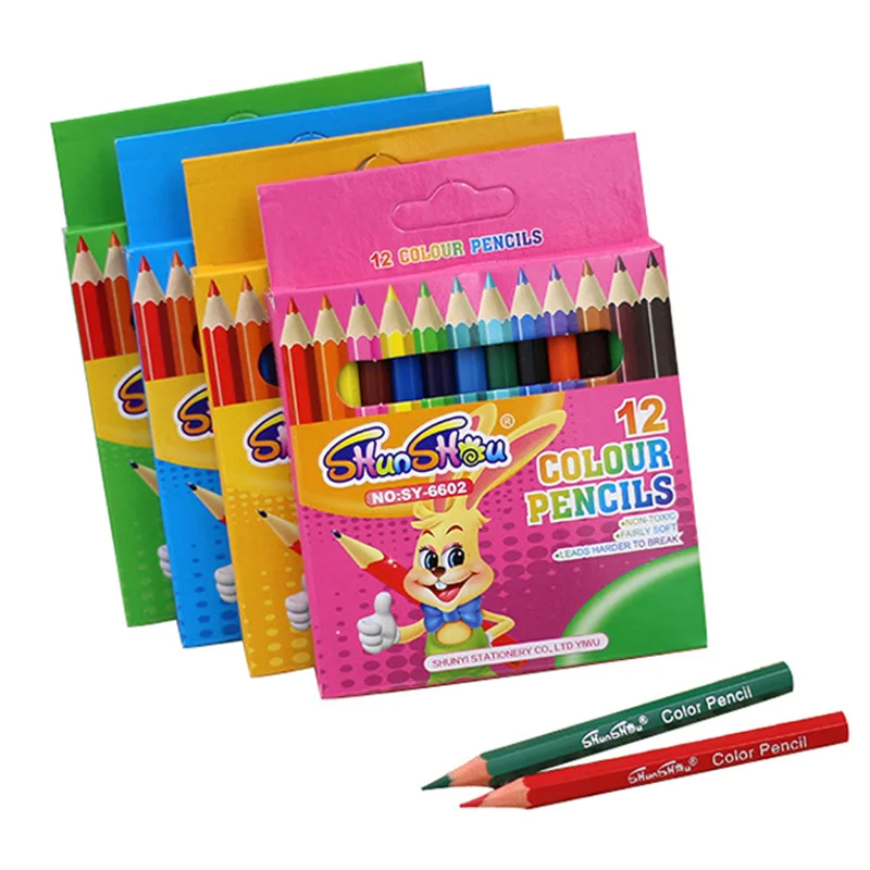 Glitter Wholesale Plastic Leadfree Safety OEM LOGO 3.5 inch 12-color colored pencil set for students writing & sketch drawing