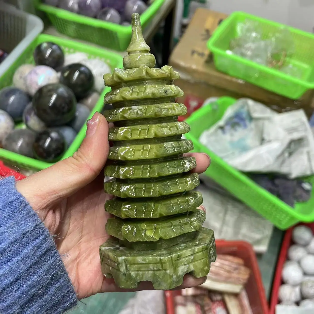 Wholesale Natural Crystal green carving Carved Crafts Green Jade Wenchang Tower Pagoda For fengshui Decoration