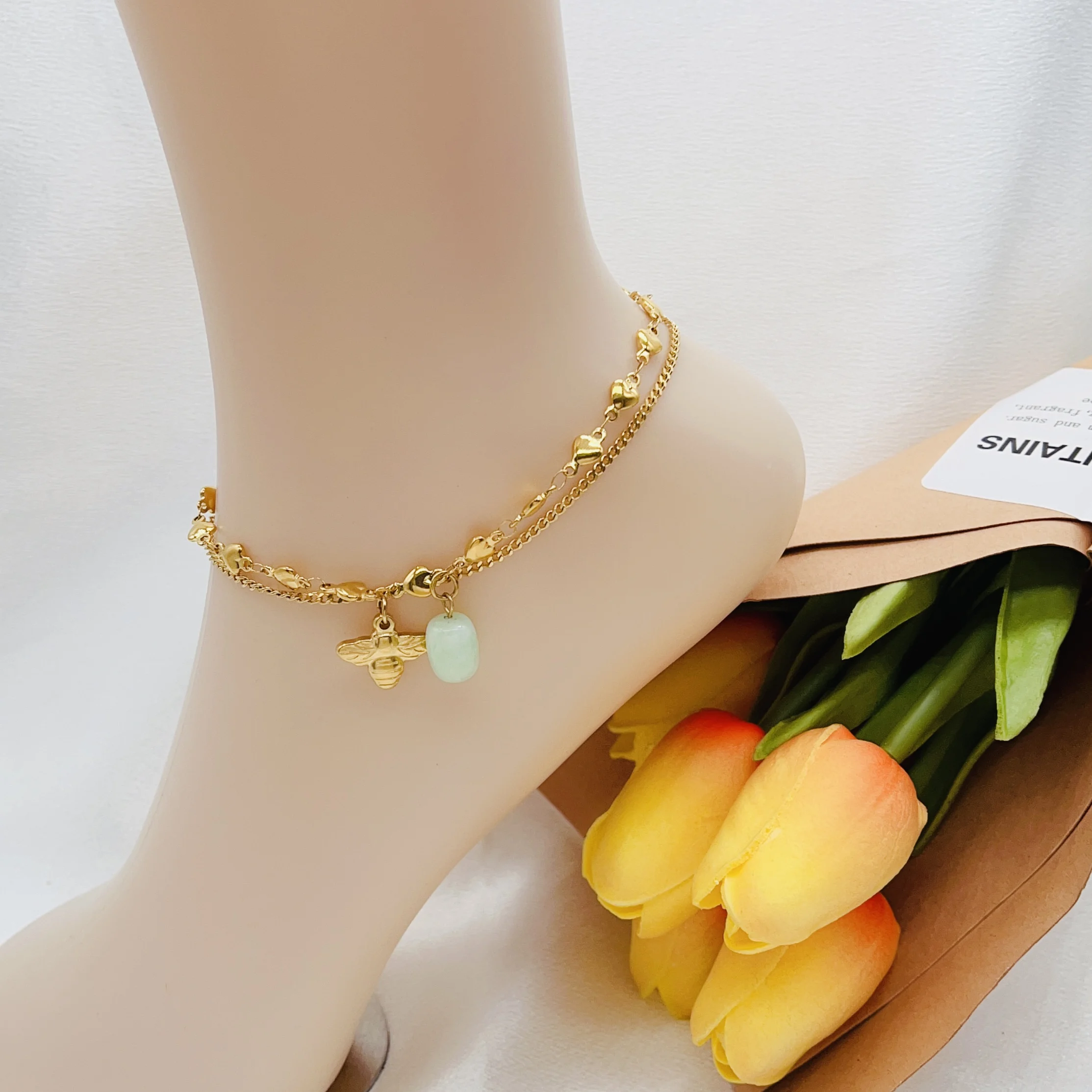 HC Factory Wholesale Stainless steel Women Double Layer Bee Anklet Crystal Anklet Beach Ankle Brand Nail Foot Chain Jewelry