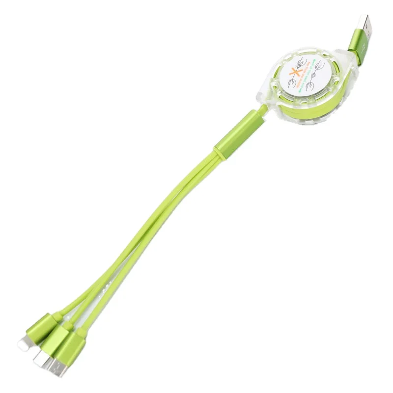 
Fast Charging 3 in 1 Retractable Flat Cable Design Pure Copper Wire for Type C Lighting Micro USB Cable Green Color 