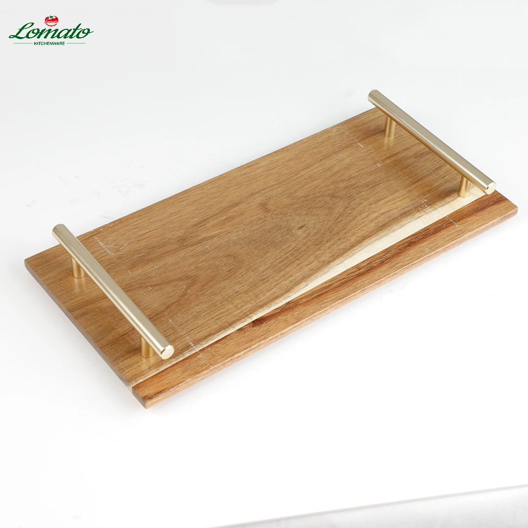 wholesale Factory Sale Premium Natural walnut acacia wooden trays with golden handles for breakfast