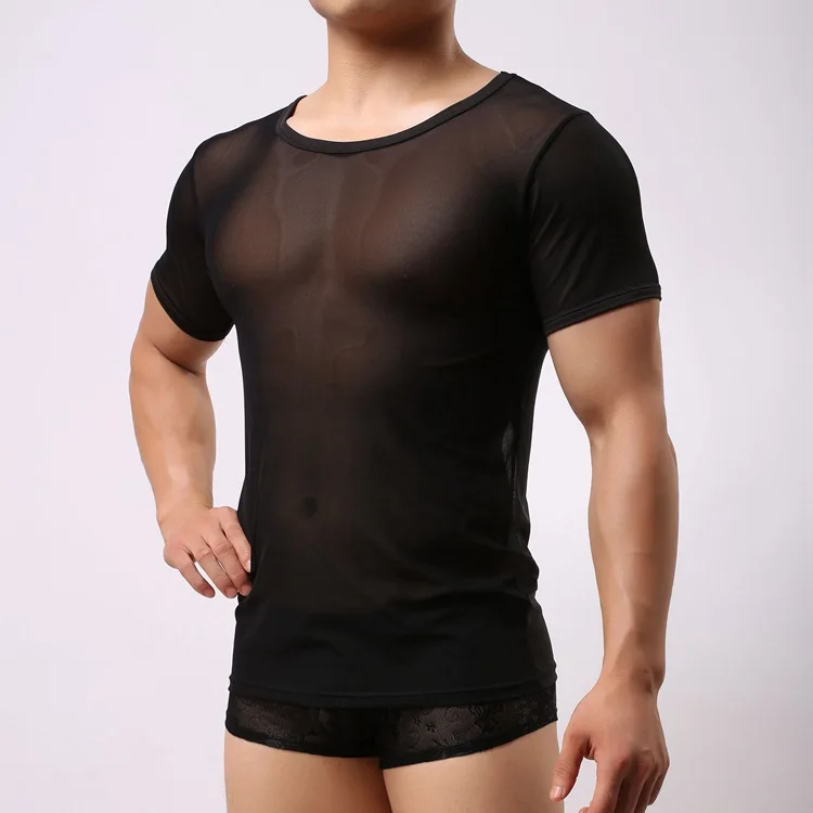 Man Sexy Sheer Transparent Sexy Night Club See Undershirt Through Top Tees Tight Sheer Long Sleeve T Shirts