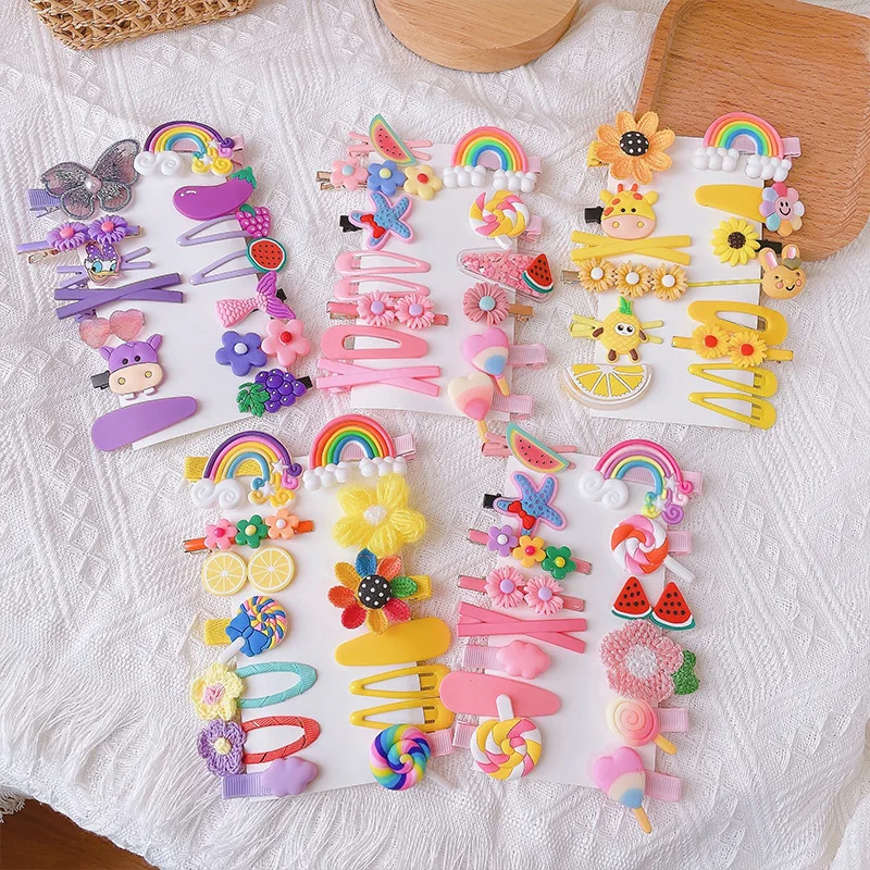 New Design 14Pcs/Set Cartoon Candy Color Cute Hair Barrette Rainbow Cloud Lollipop Hair Clip Pin Accessories Set For Kids Girls