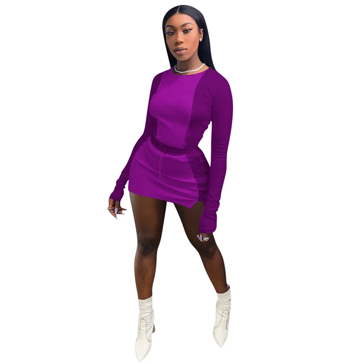 
hot sale long sleeve tops mini skirt two piece sets pretty women clothing 