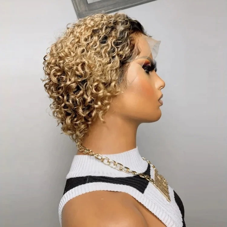 
Black to Honey Blonde 2T Ombre Short Curly Brazilian Cuticle Aligned Raw Hair Pixie Cut Lace Front Wigs for Black Women 