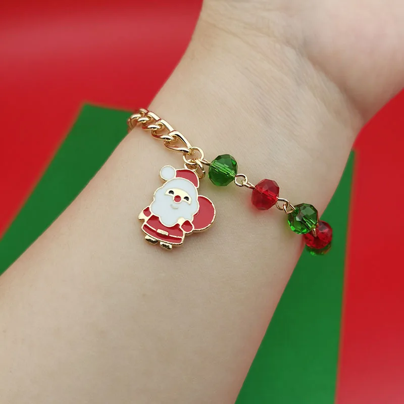 Novelty Christmas Jewelry Crystal Beaded Bracelet Tree Snowman Charms Christmas Bracelet for Girls Kids Gift