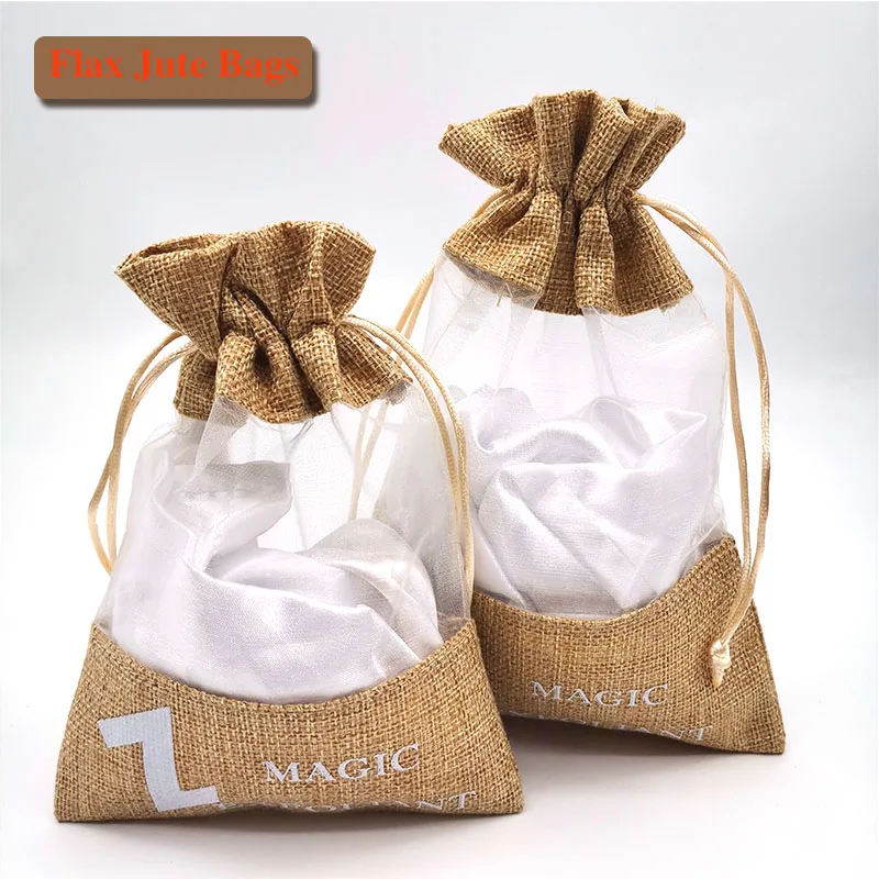 Custom Logo Jute Shopping Bags Linen Coffee Bag Jewelry Gift Pouch Burlap Drawstring Bags With Organza Window