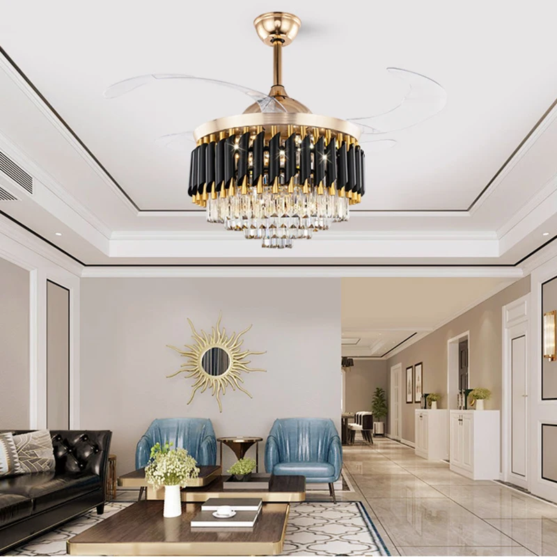 Hot sale 42 inch Acrylic Retractable Blades Ceiling Fan with Crystal Chandelier for Home Decoration
