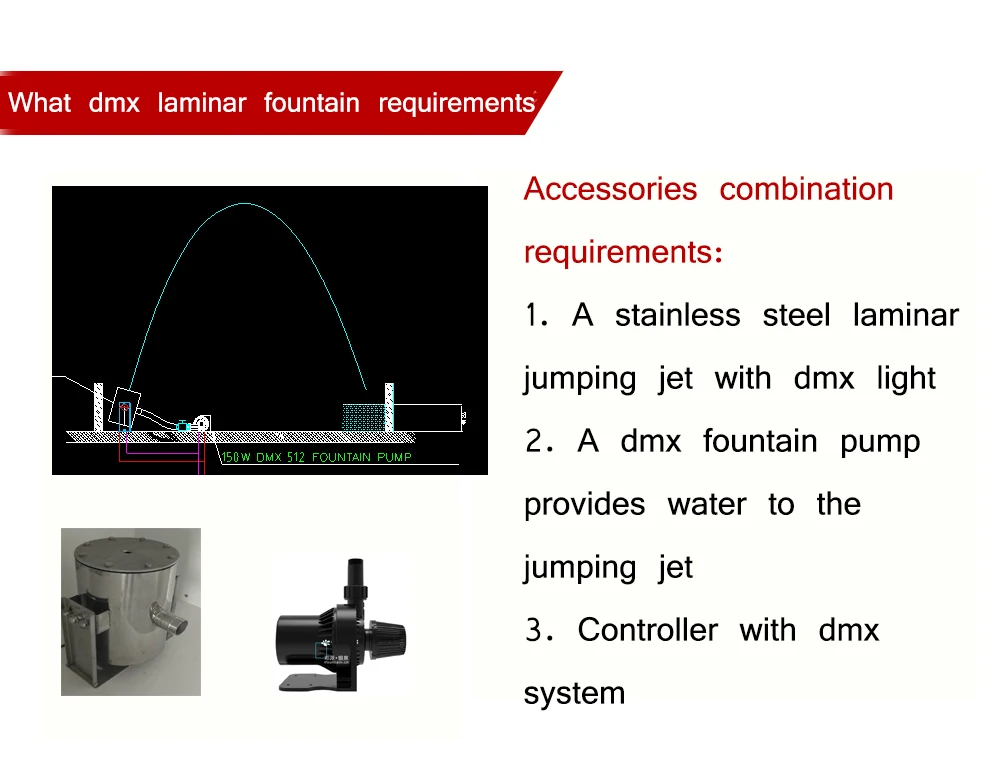 the latest variable speed programmable DC24V dmx512 music dancing laminar jumping fountain for outdoor pool pond fountain