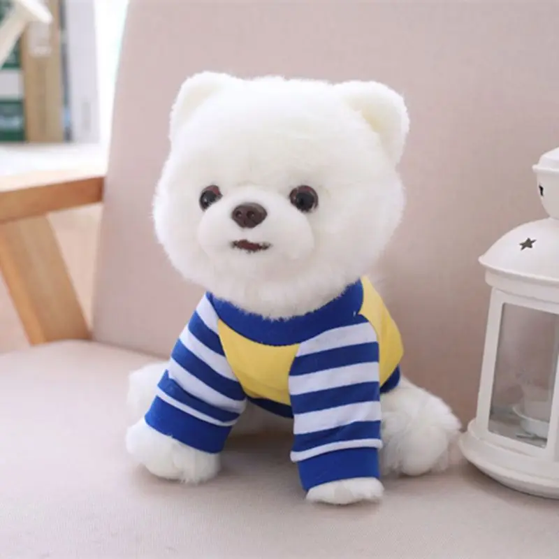 25cm Custom Lifesize Stuffed Dog Plush Pomeranian Pome Doll with Stripe T-shirt Can Print Logo