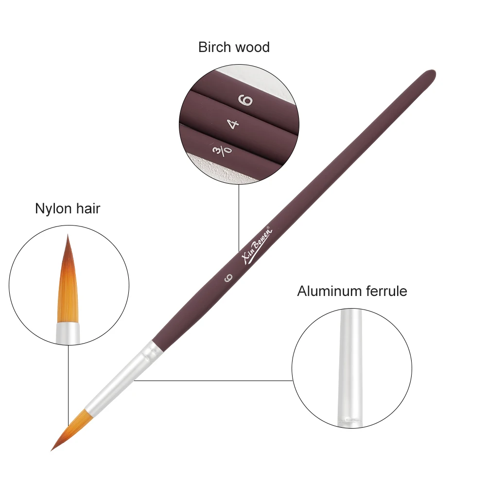 Xin Bowen Professional 3-Piece Matte Paint Rod Nylon Hair Brush Set with Wood Handle for Painting