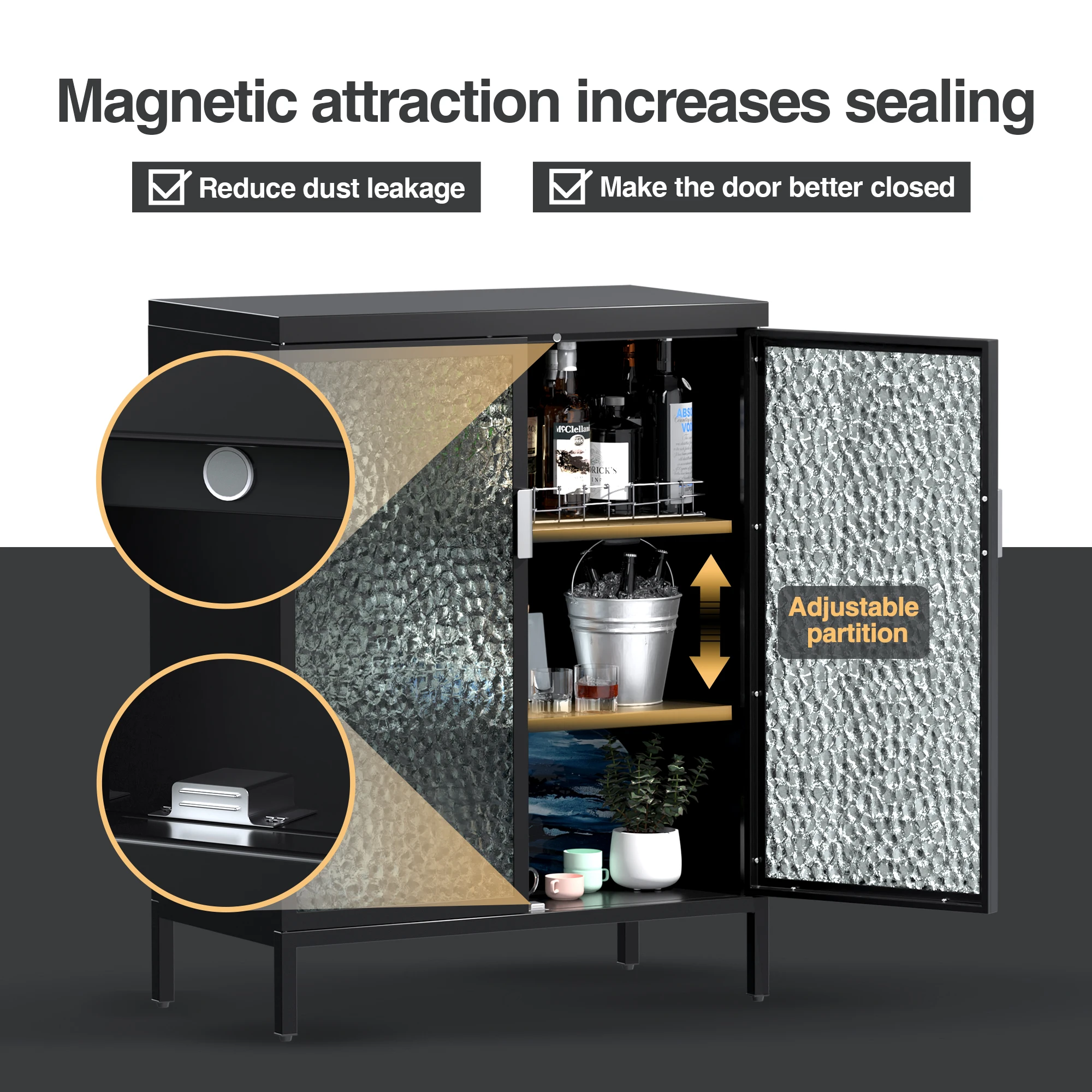 Adjustable Shelf 2 Glass Doors Multi-functional office metal storage cabinet Kitchen Storage Cabinet, Wine Bar Cabinet