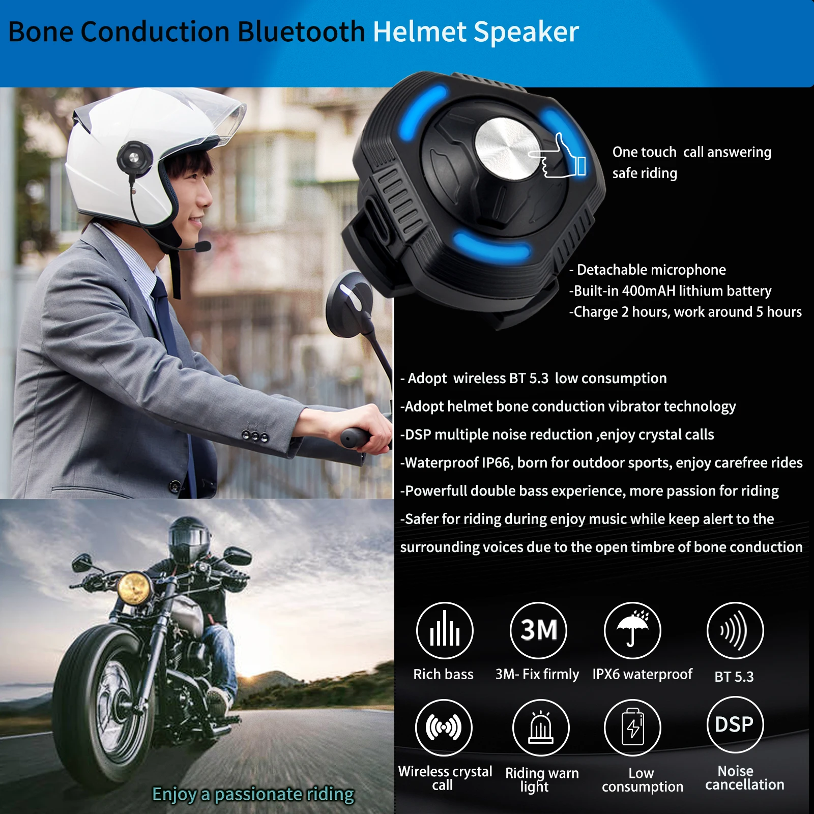 Wireless bone conduction helmet  portable speaker motorcycle helmet headphone waterproof with microphone