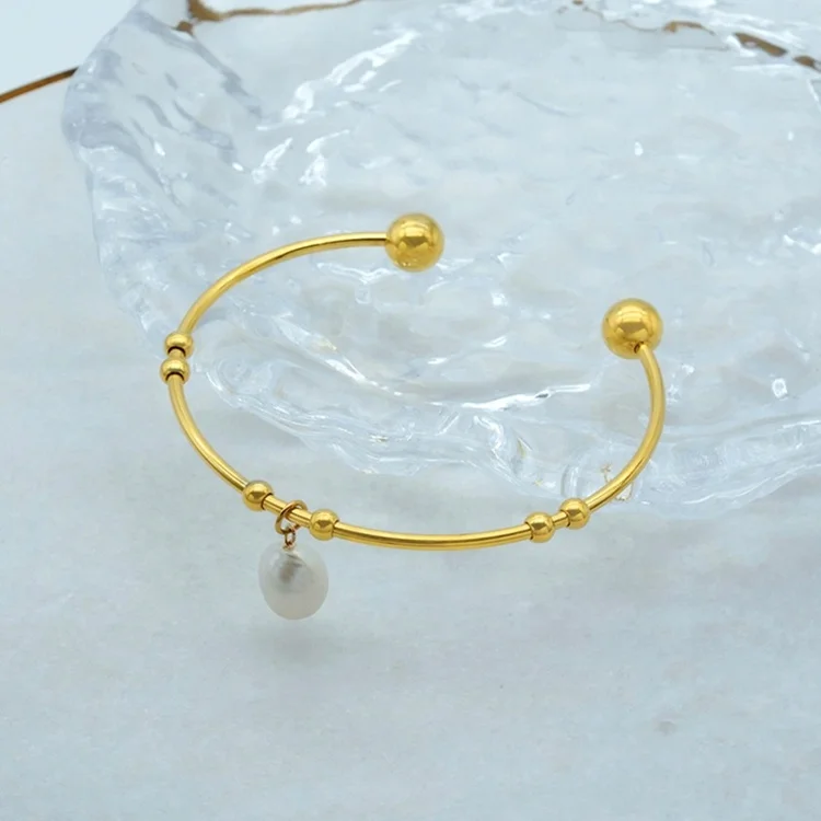  Wholesale Non Tarnish Gold Plated Stainless Steel Jewelry Beads Bangle Bracelet Open Cuff Freshwater