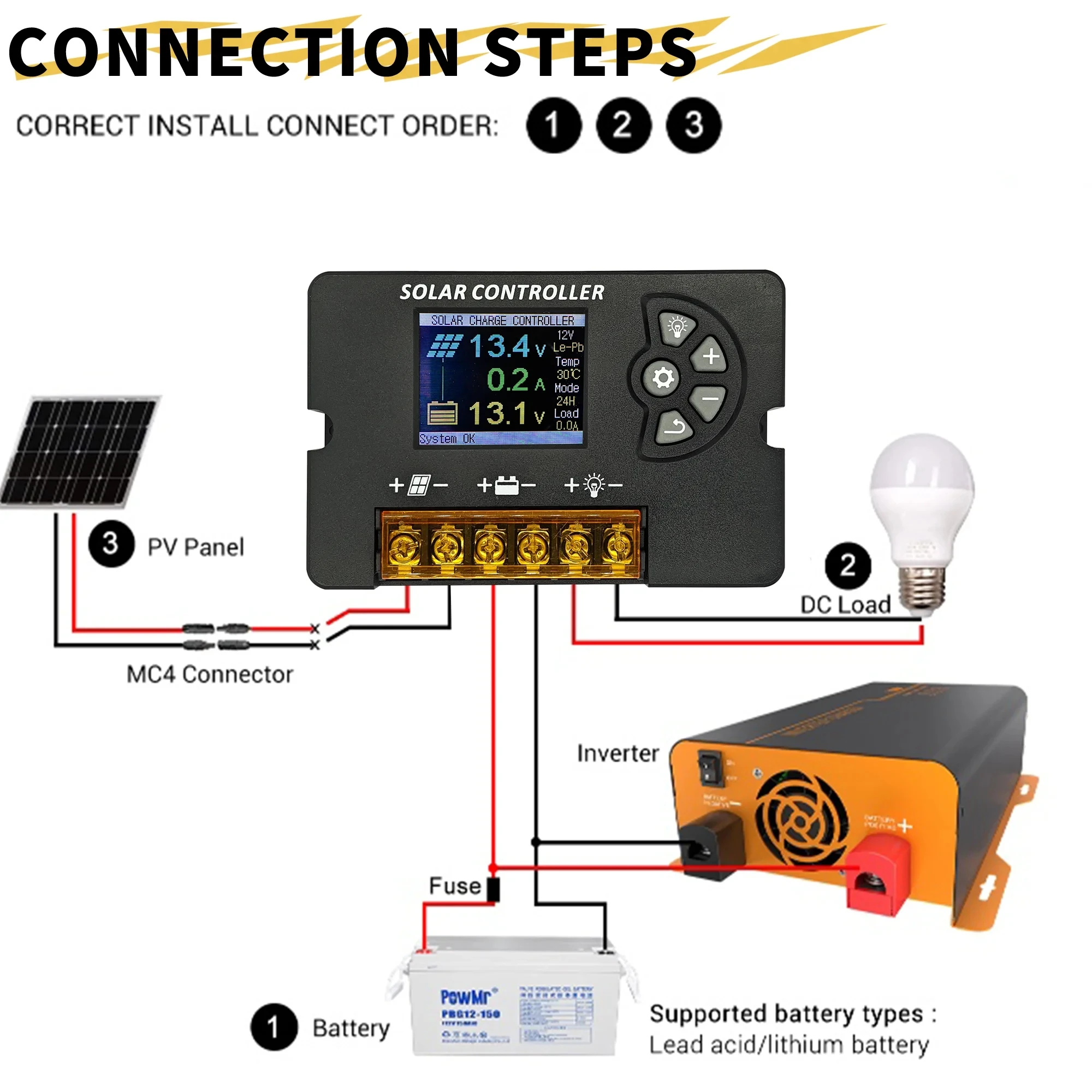 12V 24V PWM Solar Cell Battery Charge Controller 10A 20A 30A with Adjustable LCD Display Regulator