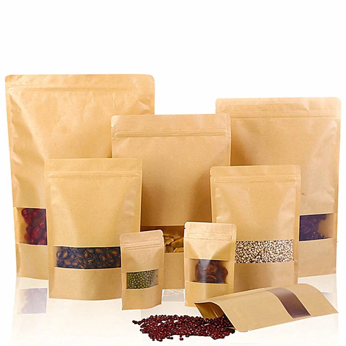 Custom Printed Food Grade Zip Lock Craft Tea Snack Packaging Brown Kraft Paper Bags With Your Own Logo Windows