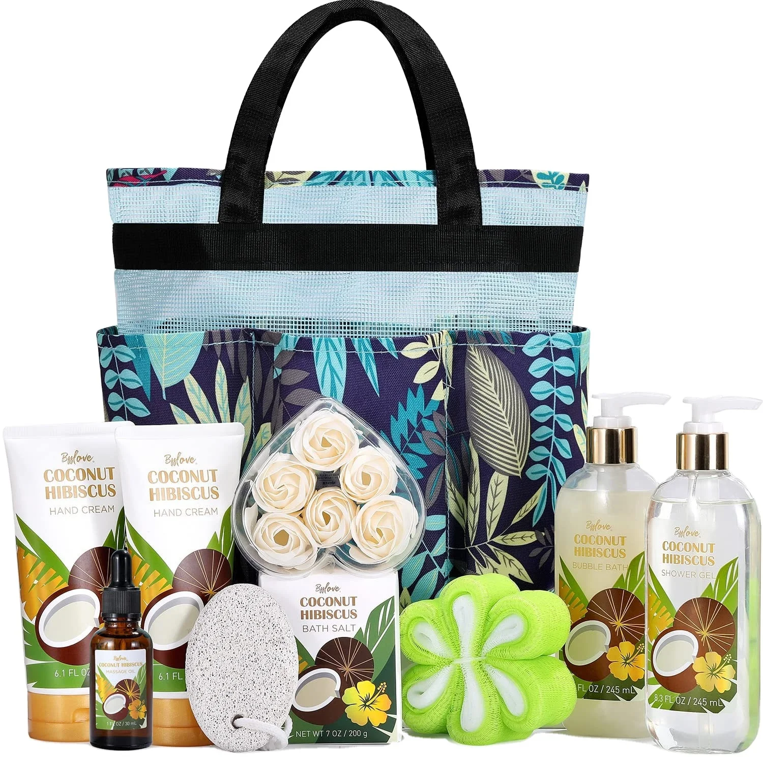 Coconut Bath and Body Gift Set Bath Set Includes Massage Oil Bubble Bath Spa Tote Bag