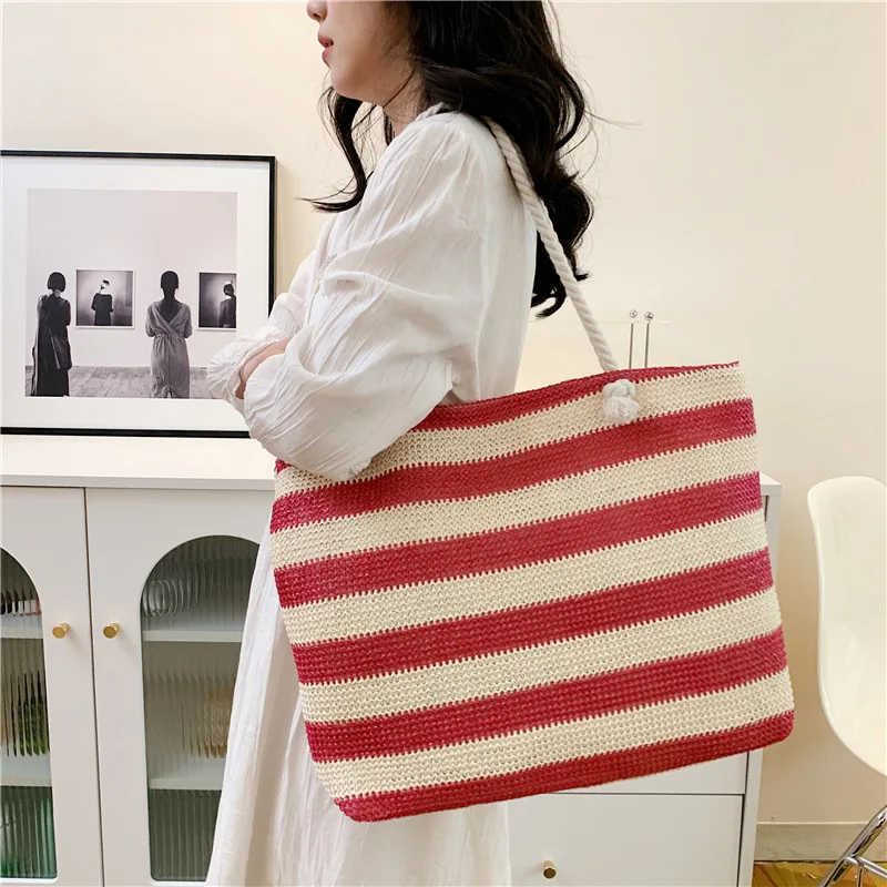 custom hot selling high quality and cheap khaki stripe shopping travel  PP grass paper woven cotton rope portable tote beach bag