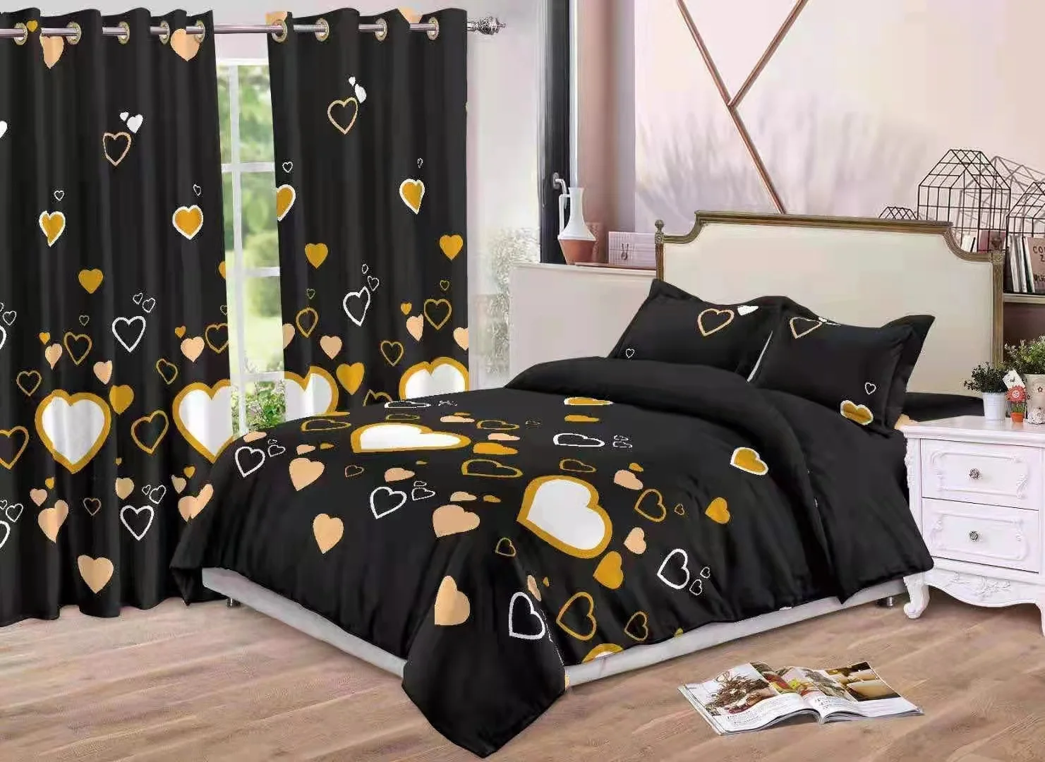 African Style Custom multi size Polyester Sheet and Curtain Matching Set 6pcs