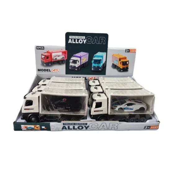 Transportation Inertia Alloy Truck Transporter with Diecast Model Metal Police Car Toys for Kids Gift