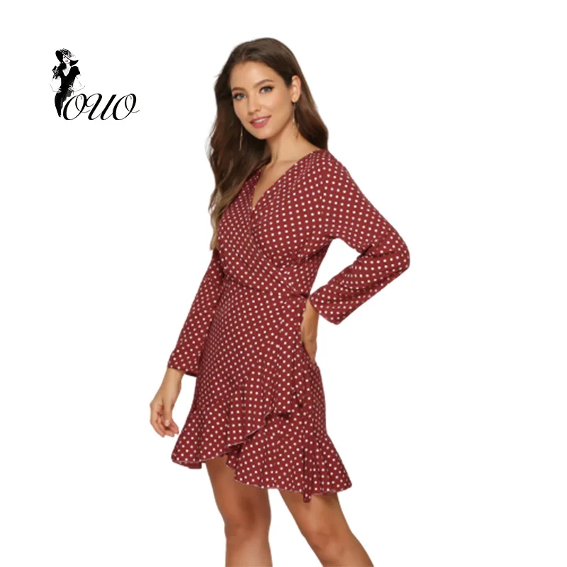 Popular sexy V neck dot print long sleeves Korea sweet design women dress OC106