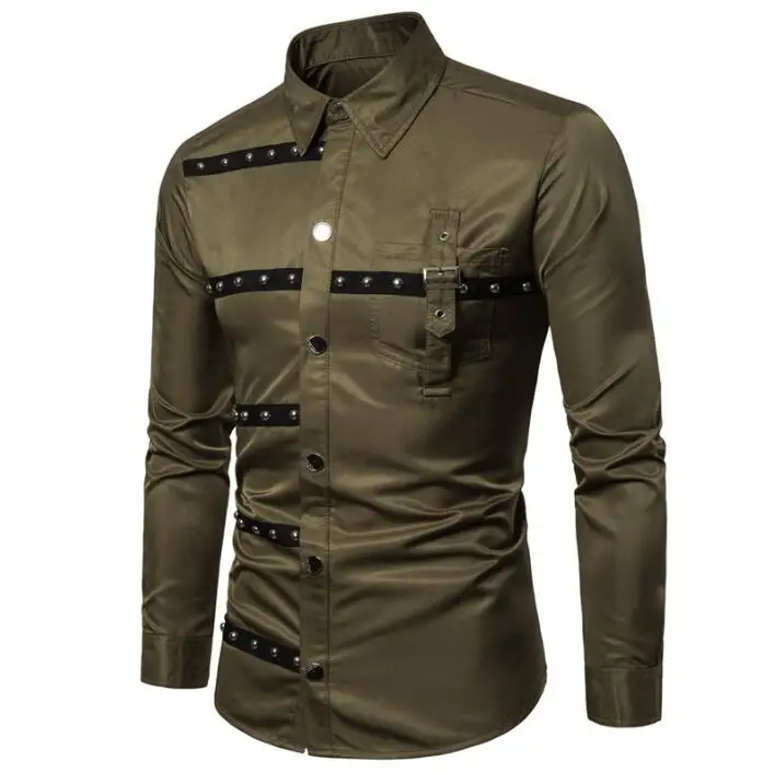 New Men Shirts Goth Style Rivet Patchwork Long Sleeve Cargo Shirt Slim Fit Party Stage For Men Clothing