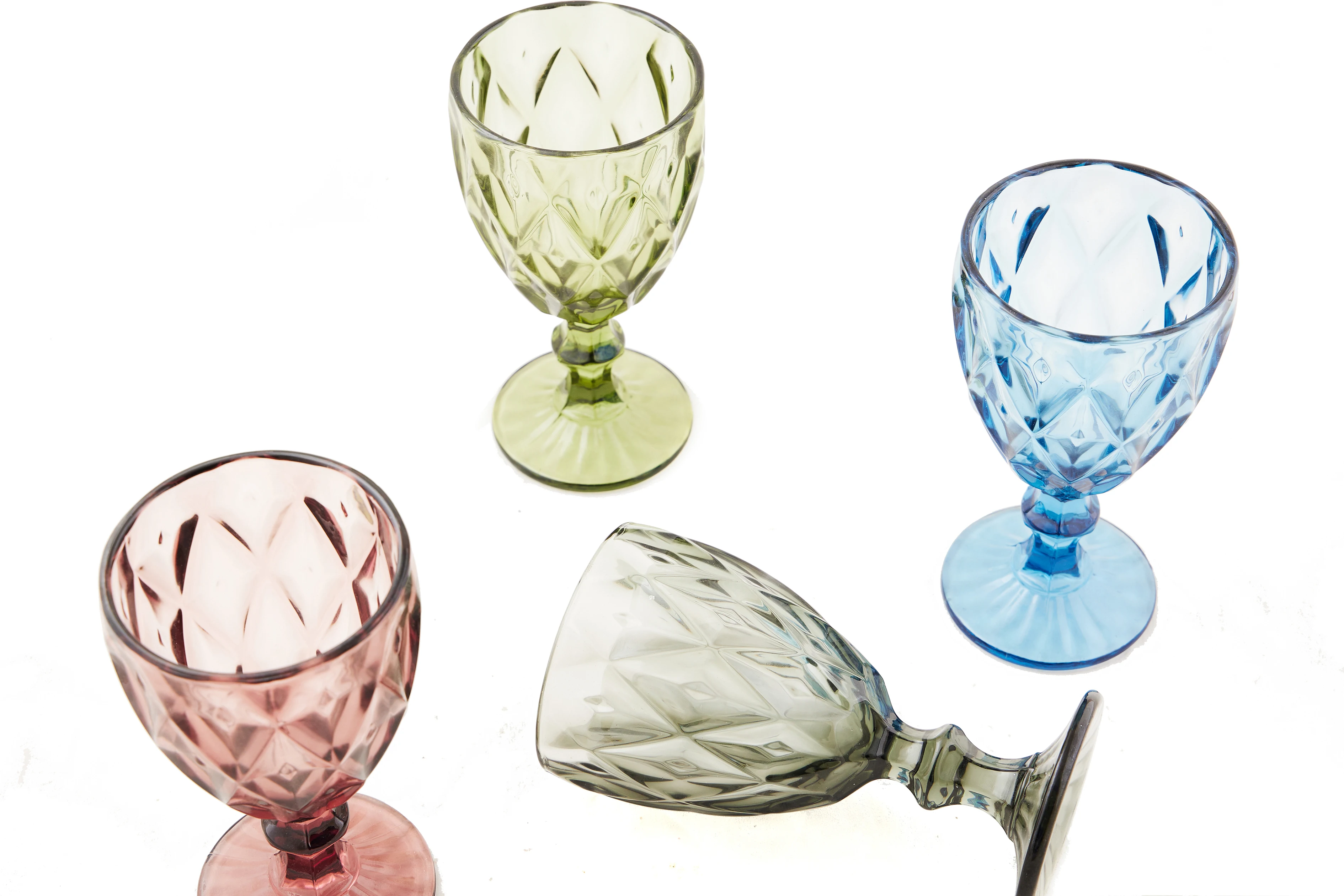wholesale glassware colored goblet vintage  glass goblet in bulk vintage machine pressed clear engraved