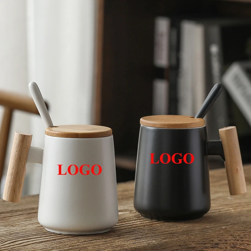 Custom Logo 450ml New Matte Ceramic Coffee Mug with Wooden Handle Classic Water Cup Set for Present MOQ 12pcs